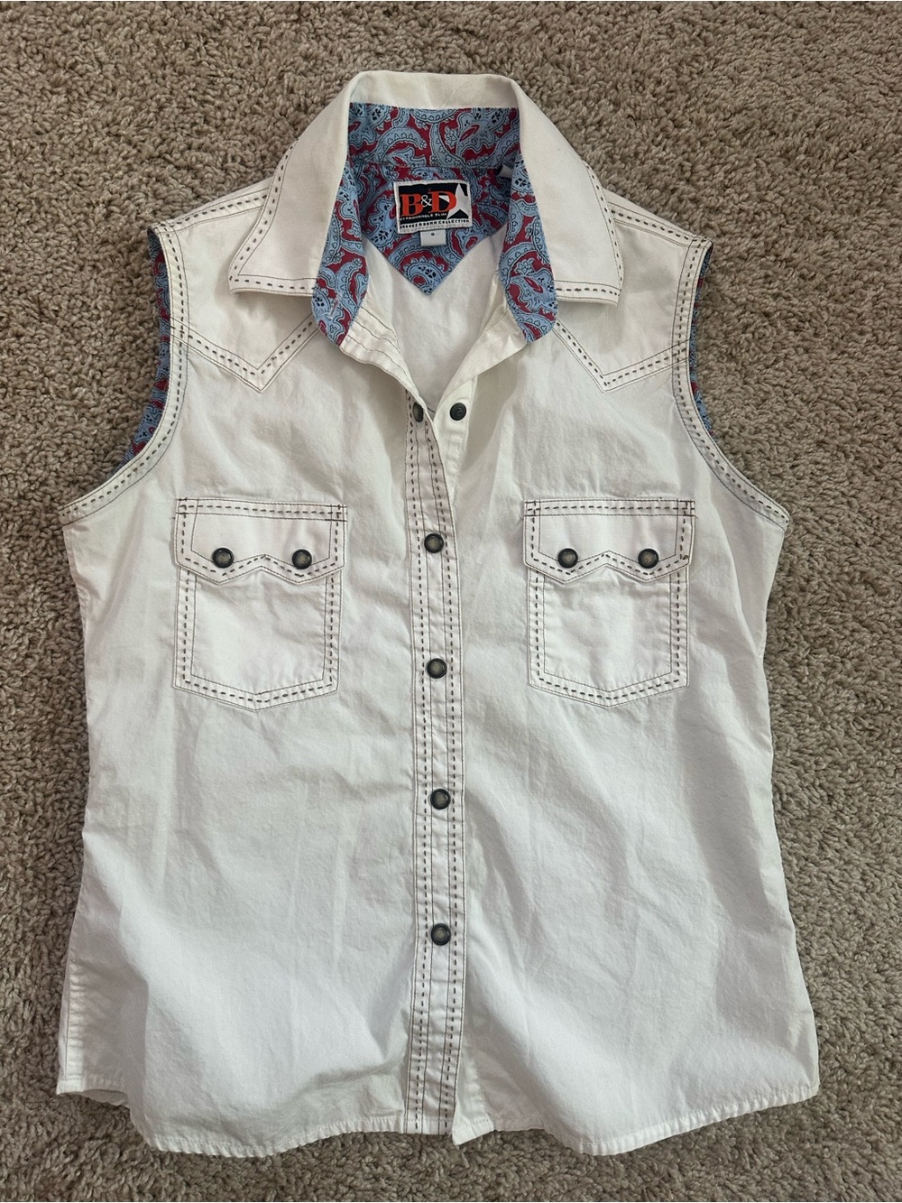B&D White Sleeveless Button-Down Shirt with Blue & Red Paisley Trim